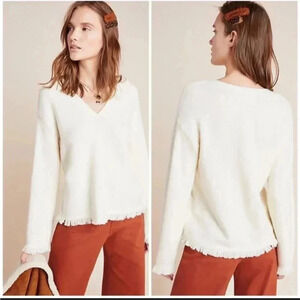 Anthropologie Joy Sweater Fringe Cream VNeck Wool Blend